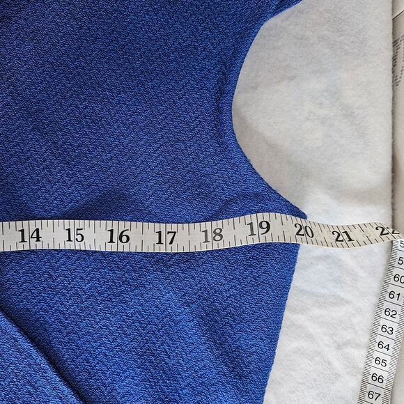 St. John Royal Blue Sheath Dress Size 14 Wool Blend Faux Wrap Cap Sleeves Mature - Picture 8 of 8